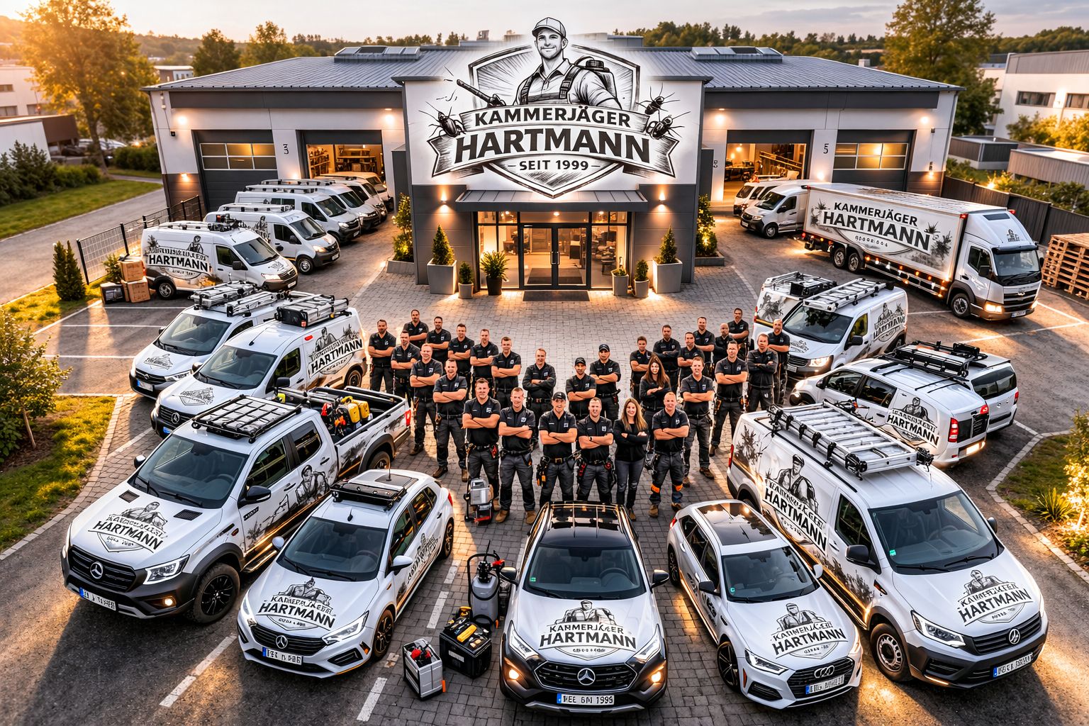 Das Team von Kammerjäger Hartmann mit Fahrzeugflotte